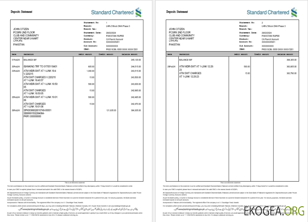 Modèle de relevé bancaire INDIA STANDARD CHARTERED, format Word et PDF
